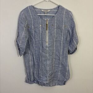 Ellen Tracy Linen Top Small Blue White Stripe Gold Zipper Brunch Coastal Casual‎